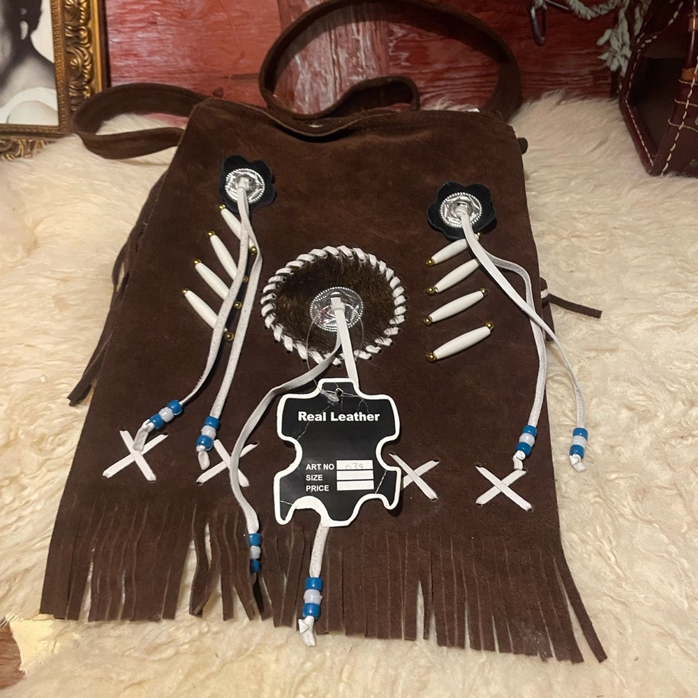 New brown suede fringe bag